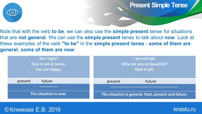 Present Simple Tense Note that with the verb to be , we can also use the simple present tense for situations that are not general