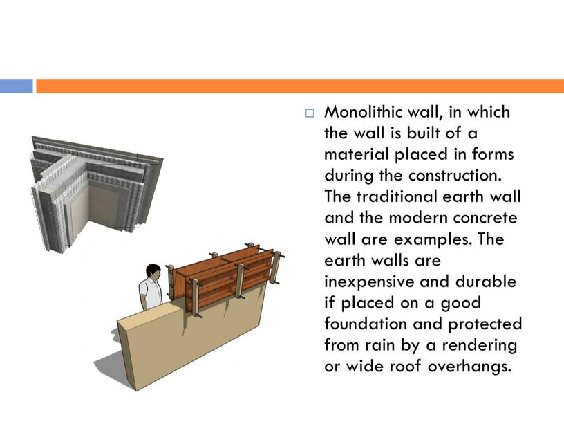 Monolithic wall, in which the wall is built of a material placed in forms during the construction