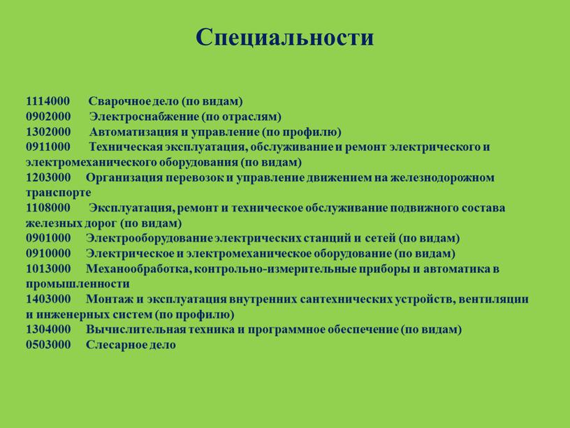 Специальности 1114000 Сварочное дело (по видам) 0902000