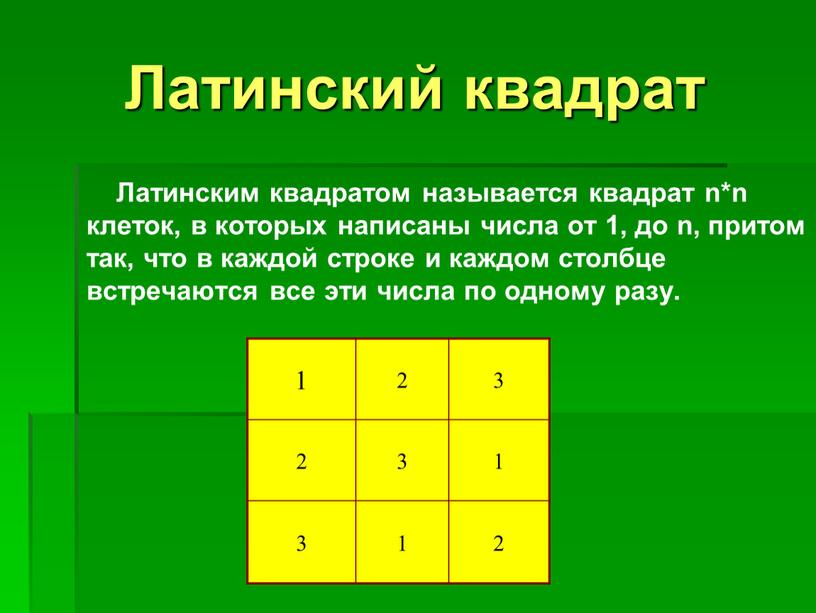 Латинским квадратом называется квадрат n*n клеток, в которых написаны числа от 1, до n, притом так, что в каждой строке и каждом столбце встречаются все…