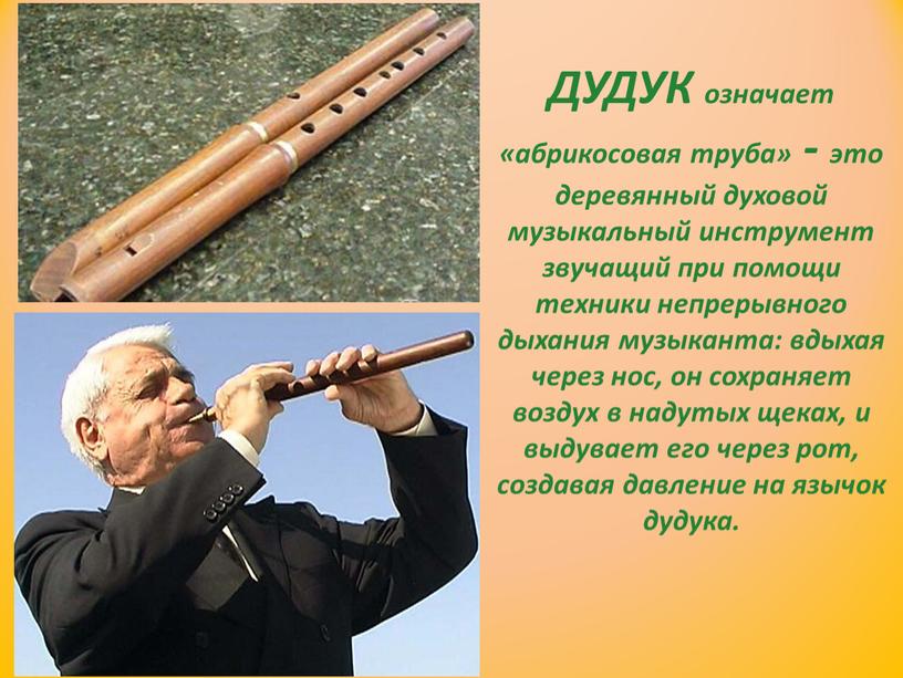 ДУДУК означает «абрикосовая труба» - это деревянный духовой музыкальный инструмент звучащий при помощи техники непрерывного дыхания музыканта: вдыхая через нос, он сохраняет воздух в надутых…