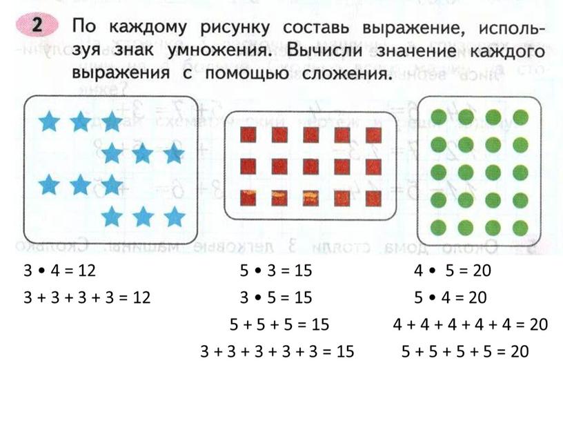 3 • 4 = 12 5 • 3 = 15 4 • 5 = 20 3 + 3 + 3 + 3 = 12 3…