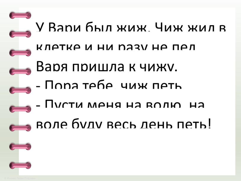 У Вари был жиж. Чиж жил в клетке и ни разу не пел