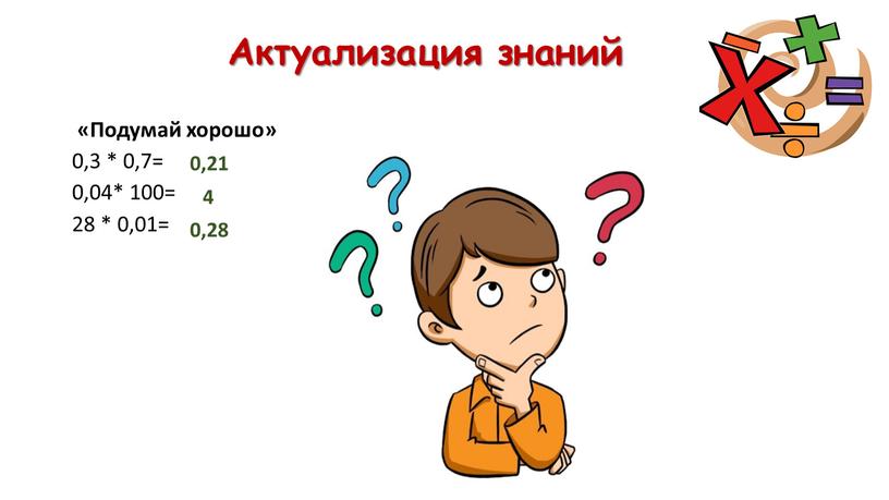 Актуализация знаний «Подумай хорошо» 0,3 * 0,7= 0,04* 100= 28 * 0,01= - 15 * 20 = -3,5 * (-2) = 1/27 * (-9) =…