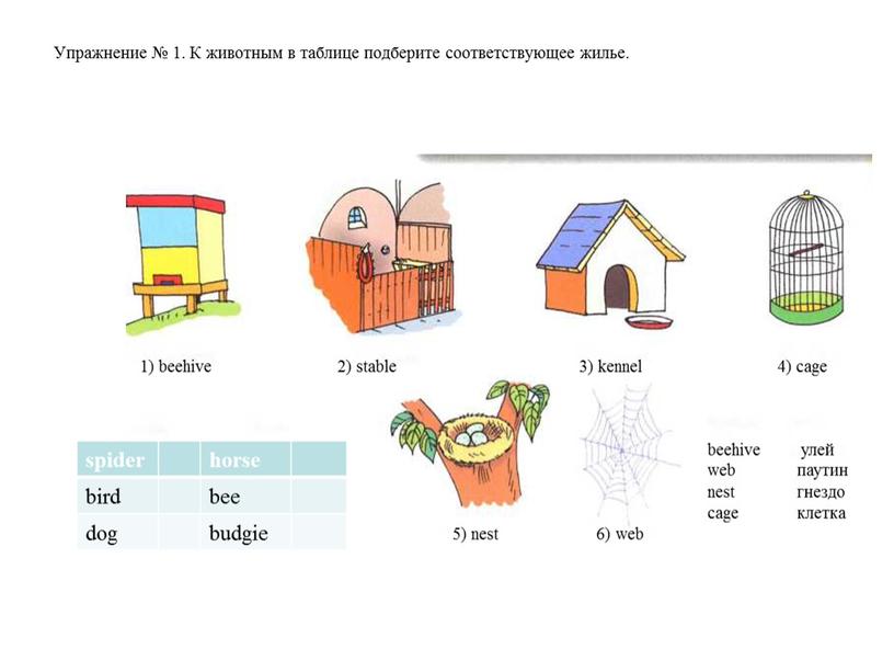Упражнение № 1. К животным в таблице подберите соответствующее жилье