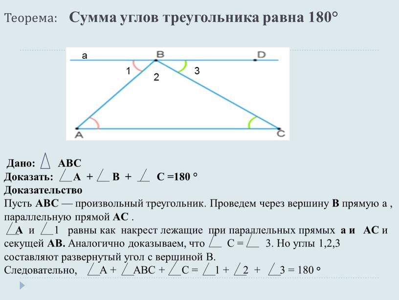 Теорема: Сумма углов треугольника равна 180°