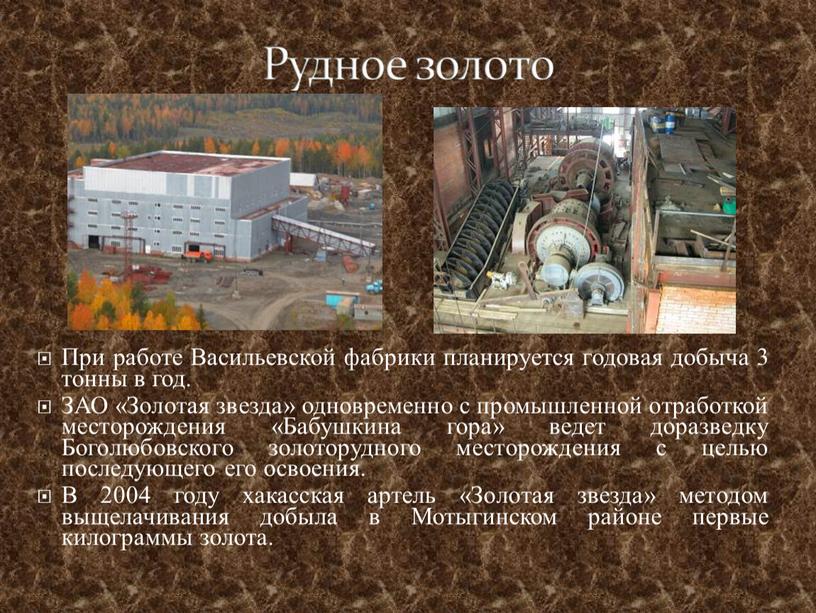 При работе Васильевской фабрики планируется годовая добыча 3 тонны в год