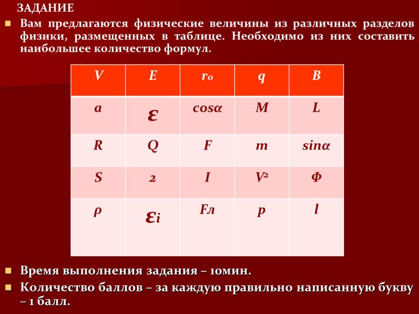 ЗАДАНИЕ Вам предлагаются физические величины из различных разделов физики, размещенных в таблице