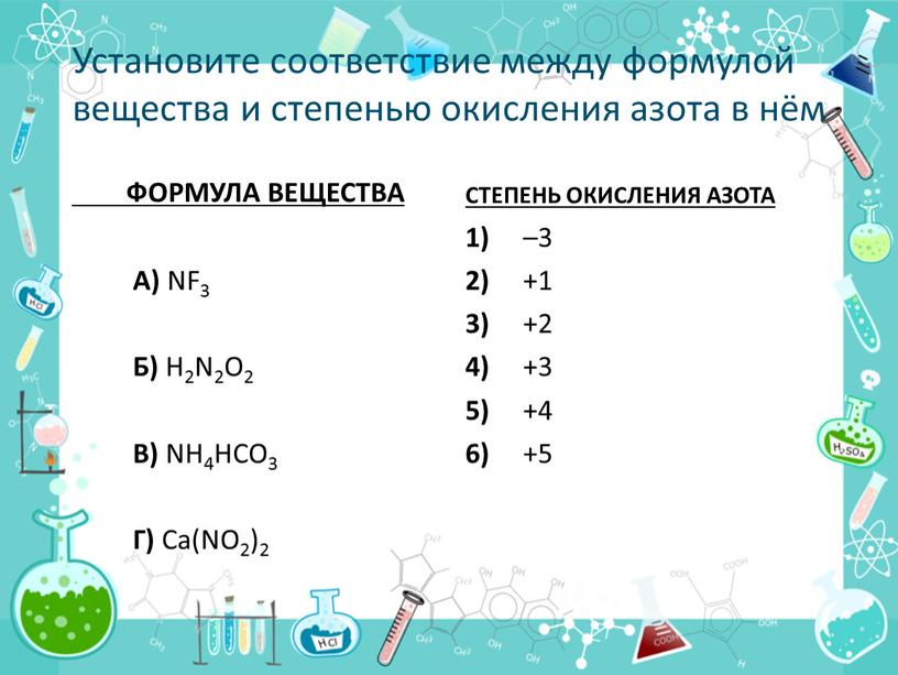 Установите соответствие между формулой вещества и степенью окисления азота в нём