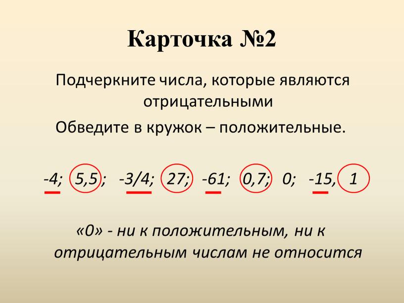 Карточка №2 Подчеркните числа, которые являются отрицательными