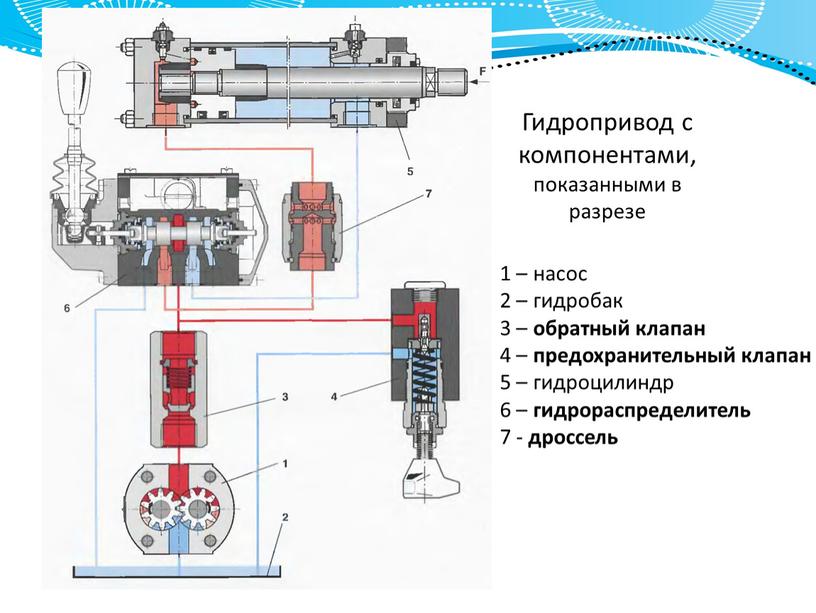 Гидропривод с компонентами, показанными в разрезе 1 – насос 2 – гидробак 3 – обратный клапан 4 – предохранительный клапан 5 – гидроцилиндр 6 –…