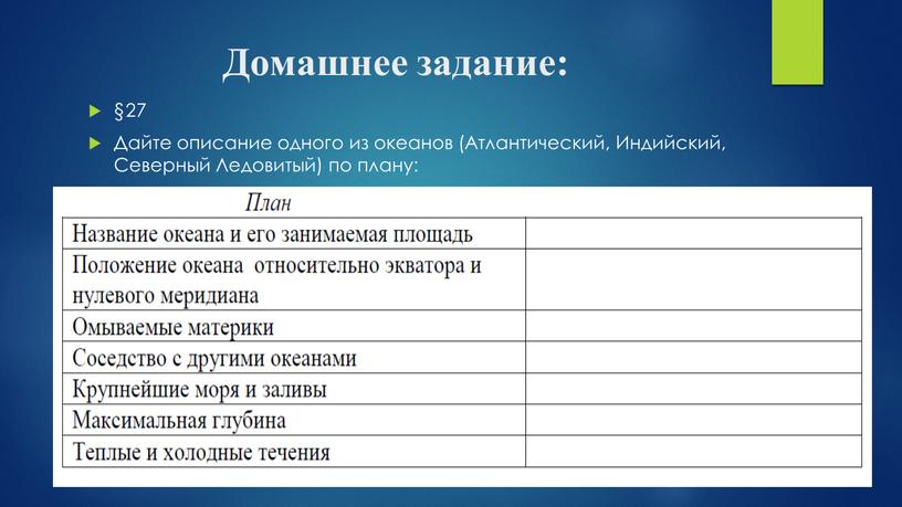 Домашнее задание: §27 Дайте описание одного из океанов (Атлантический,