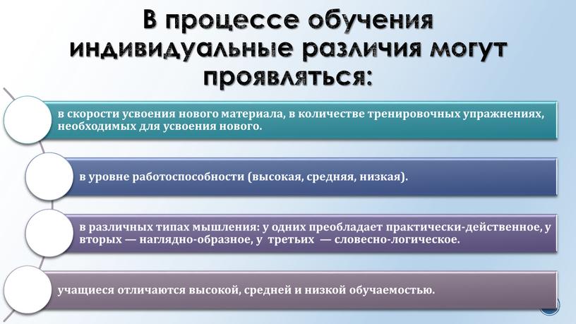 В процессе обучения индивидуальные различия могут проявляться: