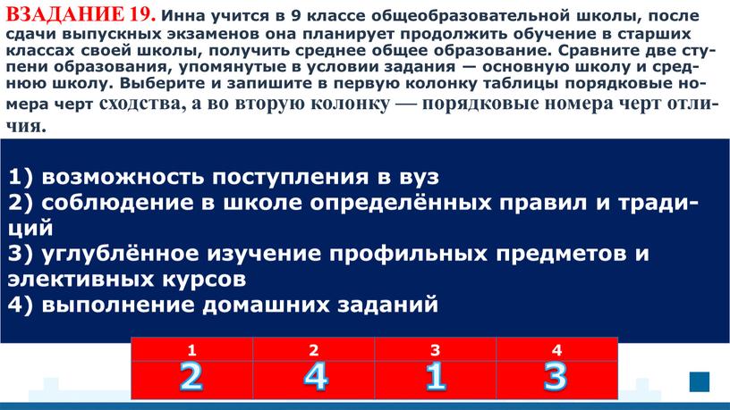 ВЗАДАНИЕ 19. Инна учит­ся в 9 клас­се об­ще­об­ра­зо­ва­тель­ной школы, после сдачи вы­пуск­ных эк­за­ме­нов она пла­ни­ру­ет про­дол­жить обу­че­ние в стар­ших клас­сах своей школы, по­лу­чить сред­нее общее…