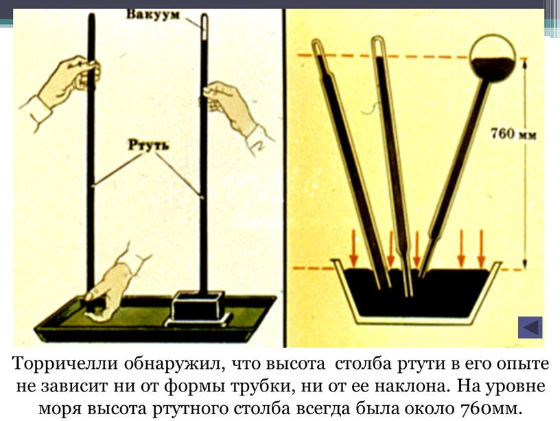 Торричелли обнаружил, что высота столба ртути в его опыте не зависит ни от формы трубки, ни от ее наклона