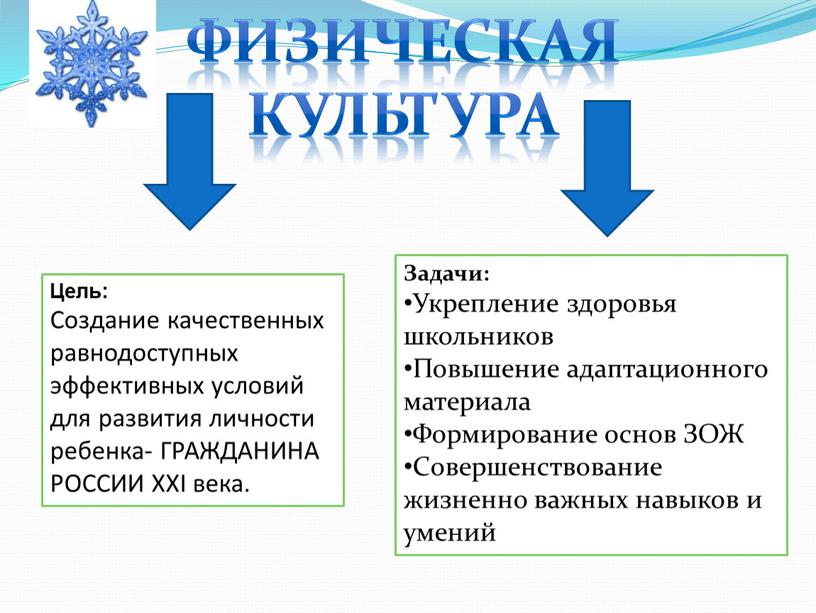 Физическая культура Цель: Создание качественных равнодоступных эффективных условий для развития личности ребенка-