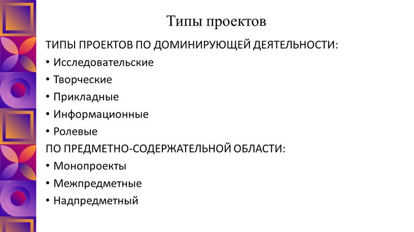 Типы проектов ТИПЫ ПРОЕКТОВ ПО