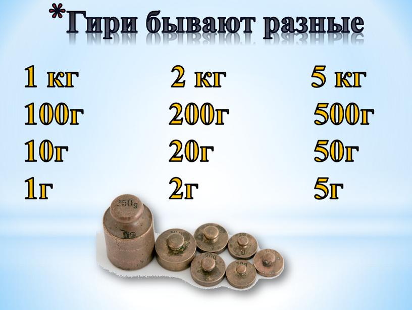 Гири бывают разные 1 кг 2 кг 5 кг 100г 200г 500г 10г 20г 50г 1г 2г 5г