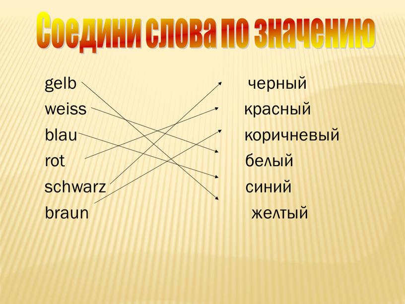 gelb черный weiss красный blau коричневый rot белый schwarz синий braun желтый Соедини слова по значению