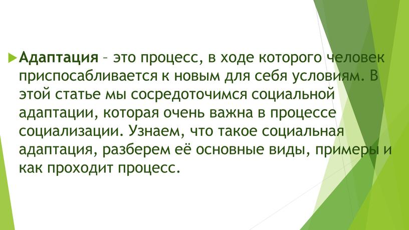 Адаптация – это процесс, в ходе которого человек приспосабливается к новым для себя условиям