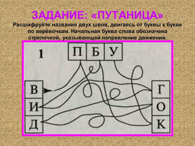 ЗАДАНИЕ: «ПУТАНИЦА» Расшифруйте названия двух швов, двигаясь от буквы к букве по верёвочкам