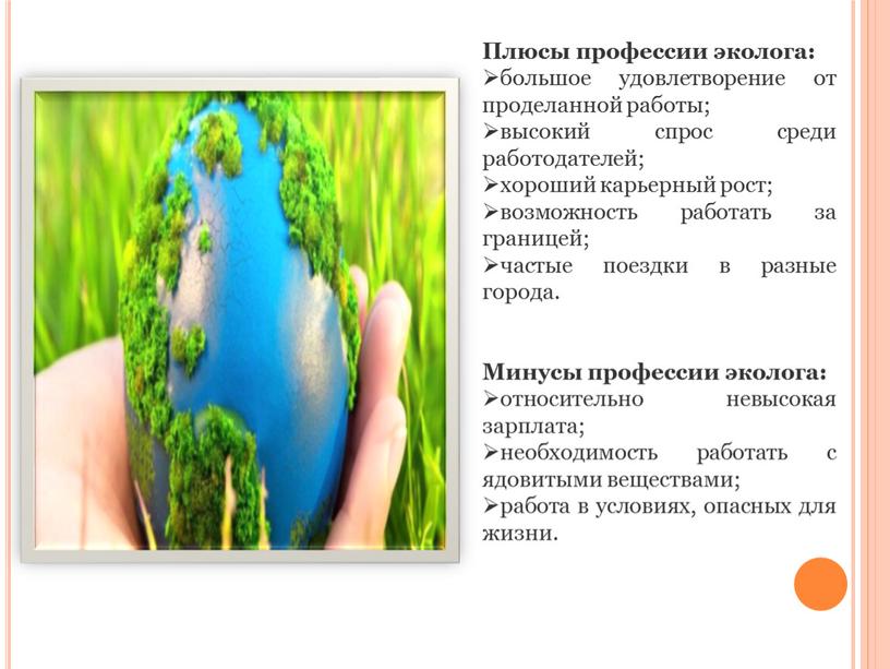 Плюсы профессии эколога: большое удовлетворение от проделанной работы; высокий спрос среди работодателей; хороший карьерный рост; возможность работать за границей; частые поездки в разные города