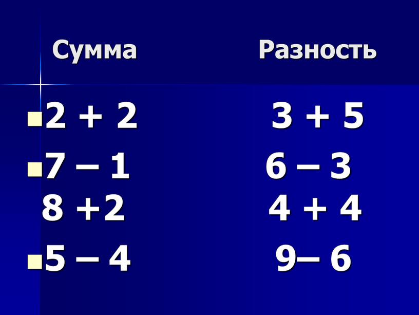 Сумма Разность 2 + 2 3 + 5 7 – 1 6 – 3 8 +2 4 + 4 5 – 4 9– 6