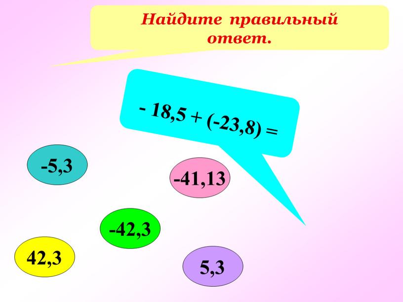 Найдите правильный ответ. - 18,5 + (-23,8) = -42,3 -5,3 -41,13 42,3 5,3