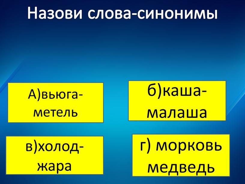 Не верно ! Не верно! Назови слова-синонимы