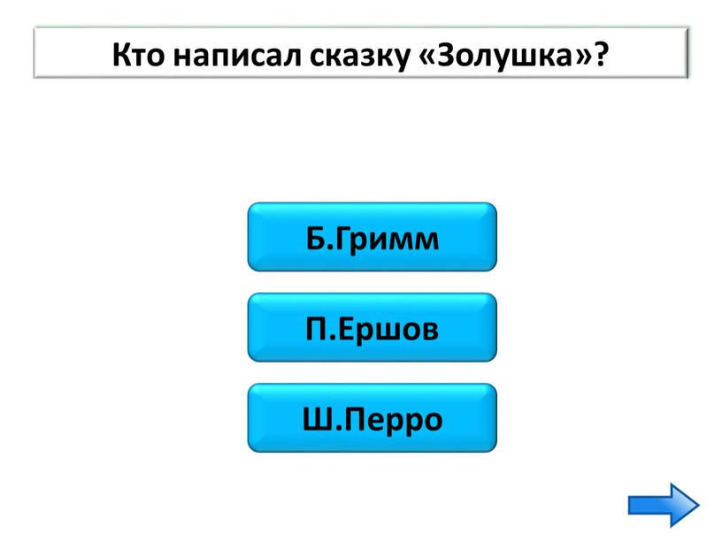 Б.Гримм П.Ершов Ш.Перро Кто написал сказку «Золушка»?