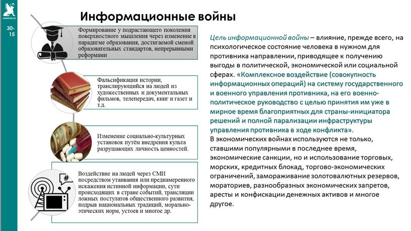 Информационные войны Цель информационной войны – влияние, прежде всего, на психологическое состояние человека в нужном для противника направлении, приводящее к получению выгоды в политической, экономической…