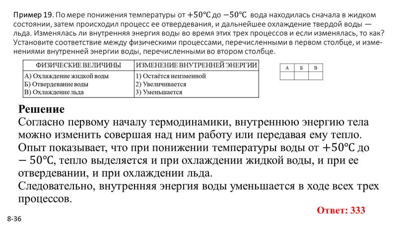 Пример 19. По мере по­ни­же­ния тем­пе­ра­ту­ры от +50℃ до − 50℃ вода на­хо­ди­лась сна­ча­ла в жид­ком со­сто­я­нии, затем про­ис­хо­дил про­цесс ее отвер­де­ва­ния, и даль­ней­шее охла­жде­ние…