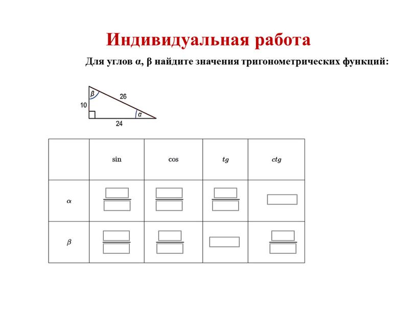 Индивидуальная работа Для углов α, β найдите значения тригонометрических функций: