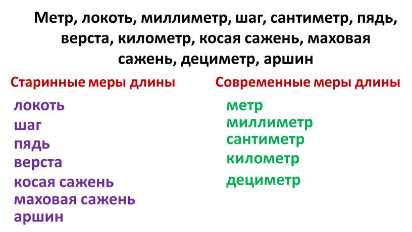 Метр, локоть, миллиметр, шаг, сантиметр, пядь, верста, километр, косая сажень, маховая сажень, дециметр, аршин