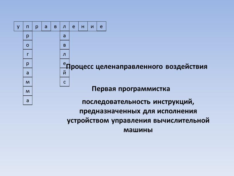 Процесс целенаправленного воздействия последовательность инструкций, предназначенных для исполнения устройством управления вычислительной машины