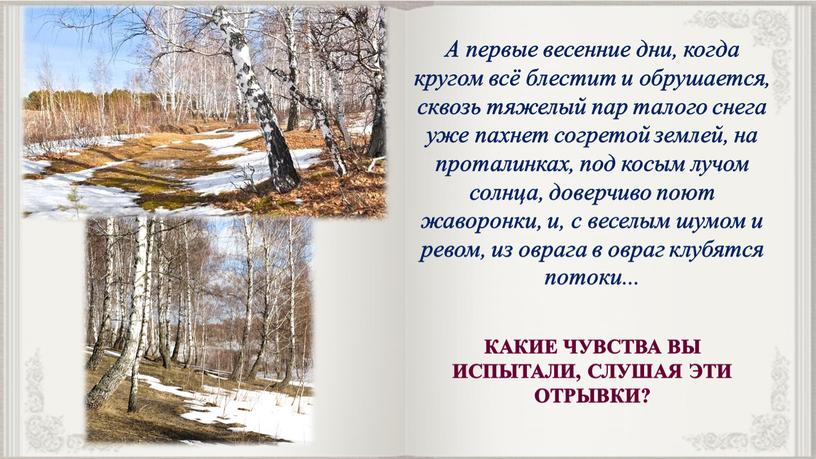 А первые весенние дни, когда кругом всё блестит и обрушается, сквозь тяжелый пар талого снега уже пахнет согретой землей, на проталинках, под косым лучом солнца,…