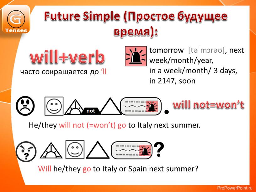 Future Simple (Простое будущее время): will+verb tomorrow [təˈmɔrəʊ], next week/month/year, in a week/month/ 3 days, in 2147, soon часто сокращается до ‘ll