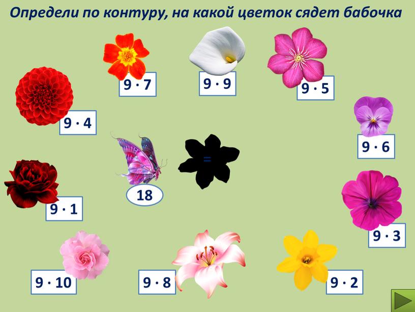 Определи по контуру, на какой цветок сядет бабочка 9 ∙ 7 9 ∙ 9 18 =