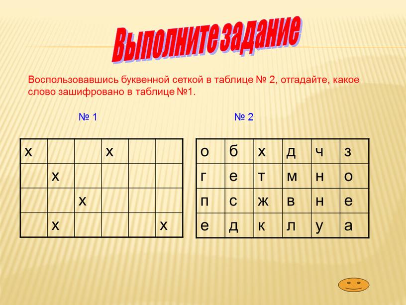 Выполните задание Воспользовавшись буквенной сеткой в таблице № 2, отгадайте, какое слово зашифровано в таблице №1