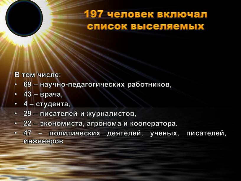 В том числе: 69 – научно-педагогических работников, 43 – врача, 4 – студента, 29 – писателей и журналистов, 22 – экономиста, агронома и кооператора