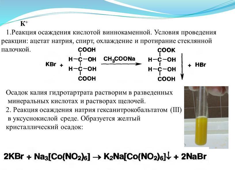 К+ 1.Реакция осаждения кислотой виннокаменной