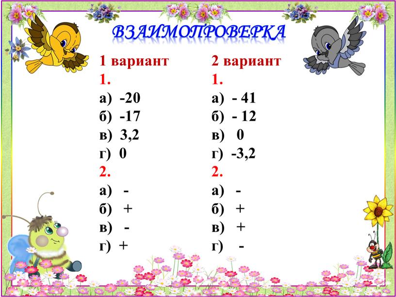 взаимопроверка 1 вариант 1. а) -20 б) -17 в) 3,2 г) 0 2. а) - б) + в) - г) + 2 вариант 1. а)…