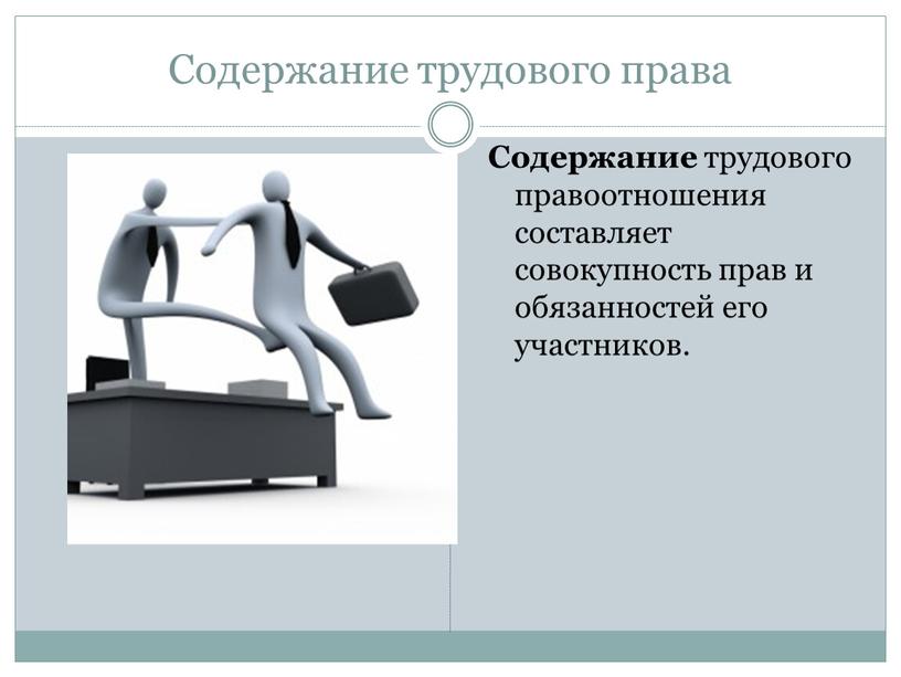 Содержание трудового права Содержание трудового правоотношения составляет совокупность прав и обязанностей его участников