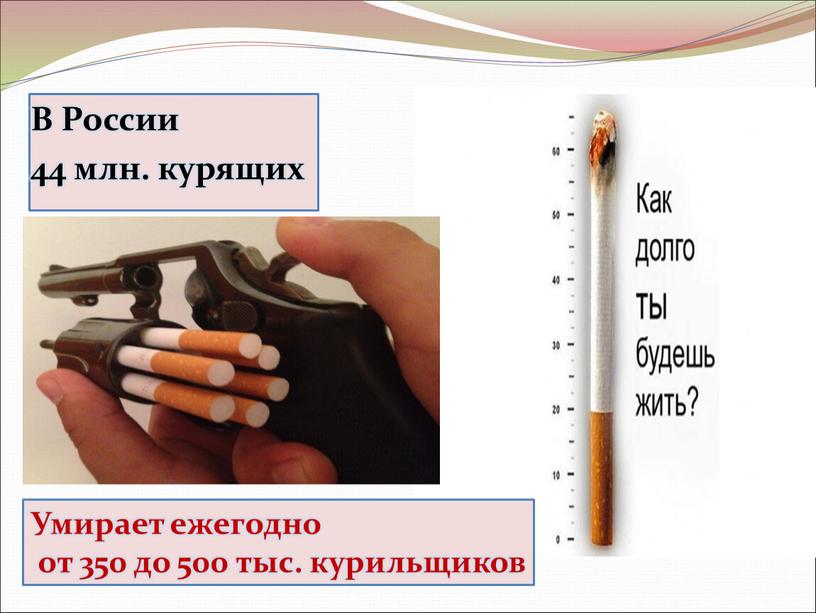 В России 44 млн. курящих Умирает ежегодно от 350 до 500 тыс