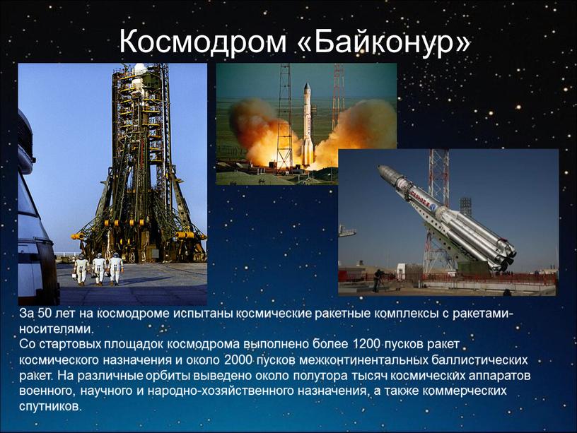 Космодром «Байконур» За 50 лет на космодроме испытаны космические ракетные комплексы с ракетами-носителями