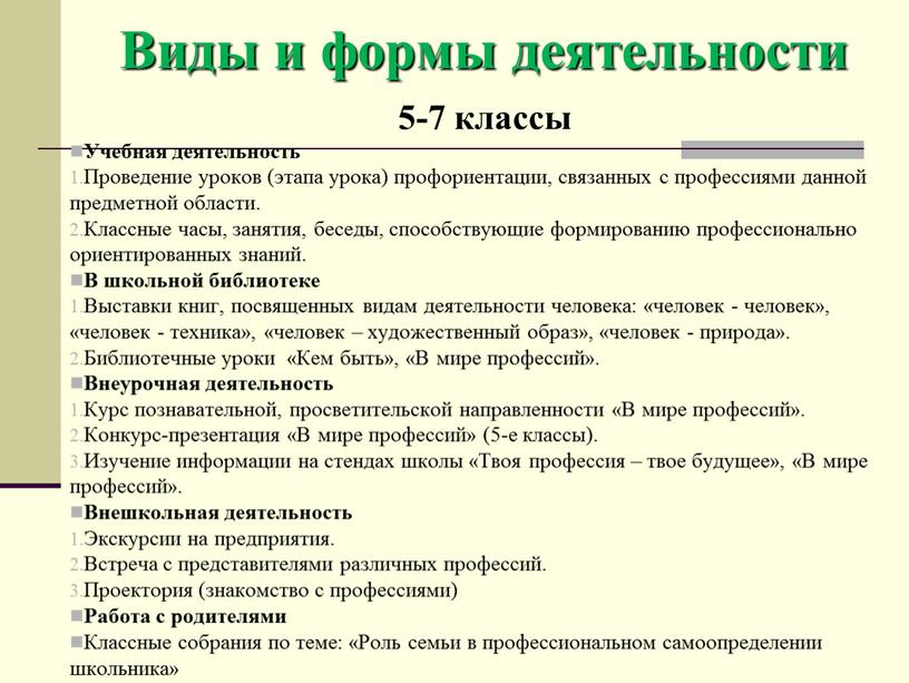 Виды и формы деятельности 5-7 классы