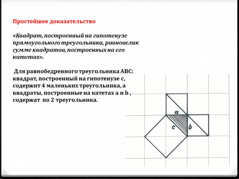 Простейшее доказательство «Квадрат, построенный на гипотенузе прямоугольного треугольника, равновелик сумме квадратов, построенных на его катетах»