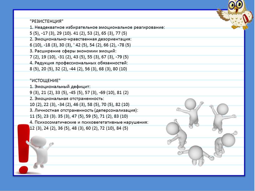 РЕЗИСТЕНЦИЯ" 1. Неадекватное избирательное эмоциональное реагирование: 5 (5), -17 (3), 29 (10)