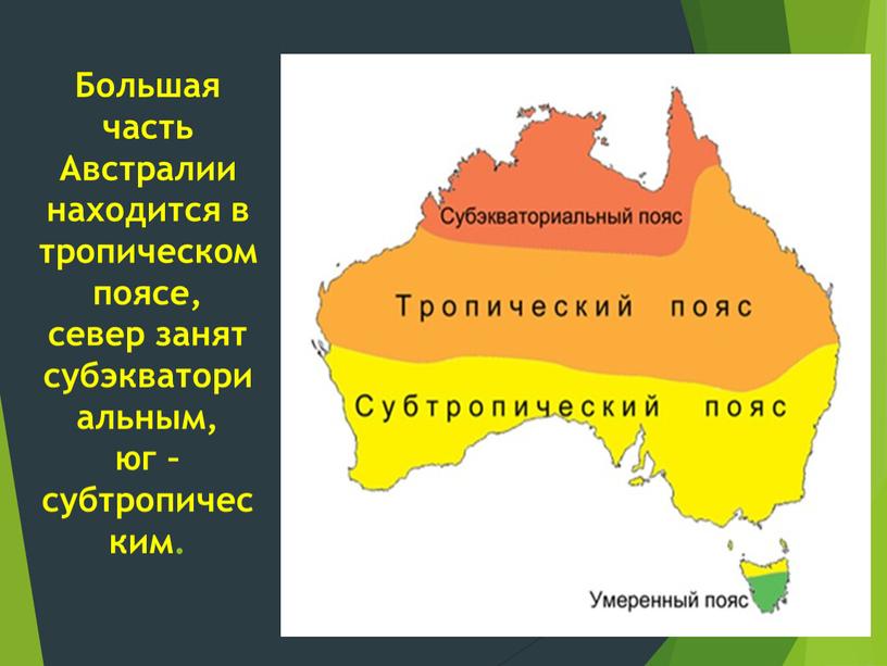 Большая часть Австралии находится в тропическом поясе, север занят субэкваториальным, юг – субтропическим