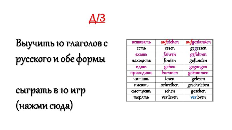 Выучить 10 глаголов с русского и обе формы сыграть в 10 игр (нажми сюда)